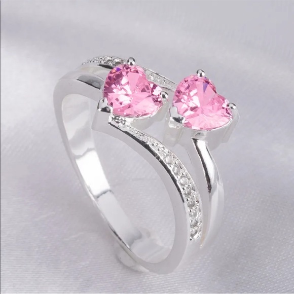 New Two Hearts 925 Silver Beautiful Pink Sapphire Ring - Picture 5 of 5